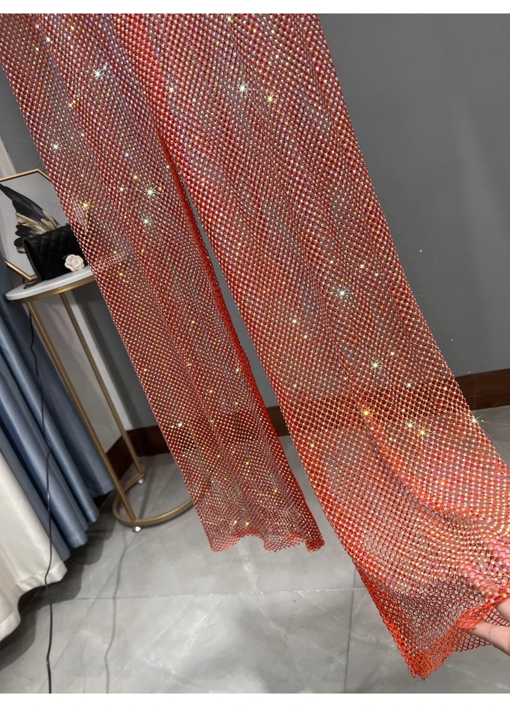 Sexy Colorful Diamonds Beaded Mesh Hollow Wide Legs Pants Fishing Net Rhinestones Trousers Sparkling Elastic Waist Pantalones