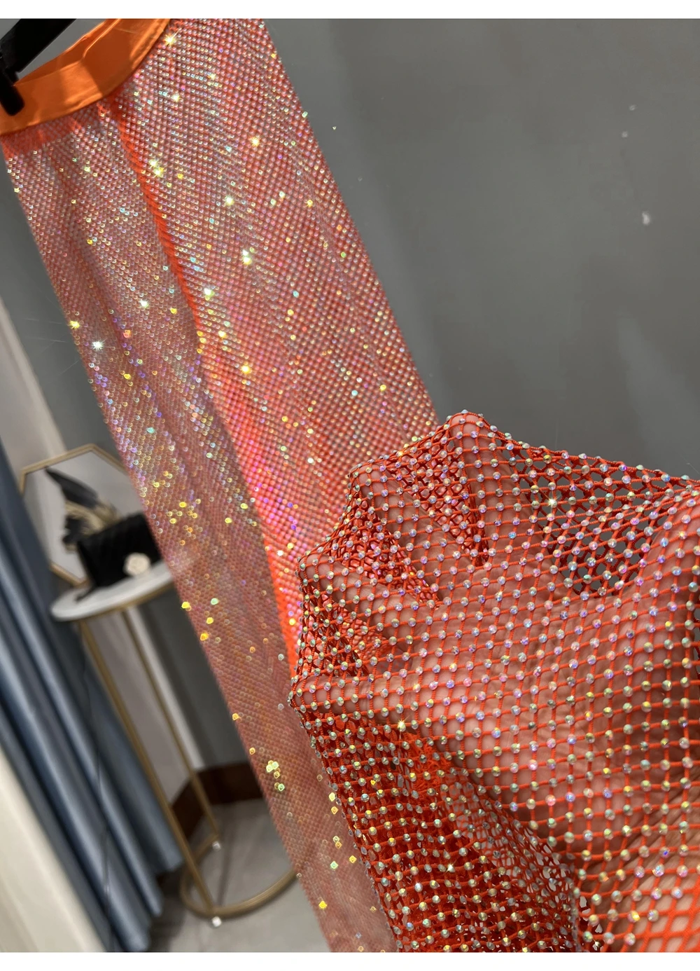 Sexy Colorful Diamonds Beaded Mesh Hollow Wide Legs Pants Fishing Net Rhinestones Trousers Sparkling Elastic Waist Pantalones