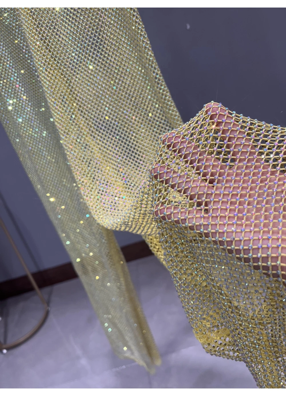 Sexy Colorful Diamonds Beaded Mesh Hollow Wide Legs Pants Fishing Net Rhinestones Trousers Sparkling Elastic Waist Pantalones