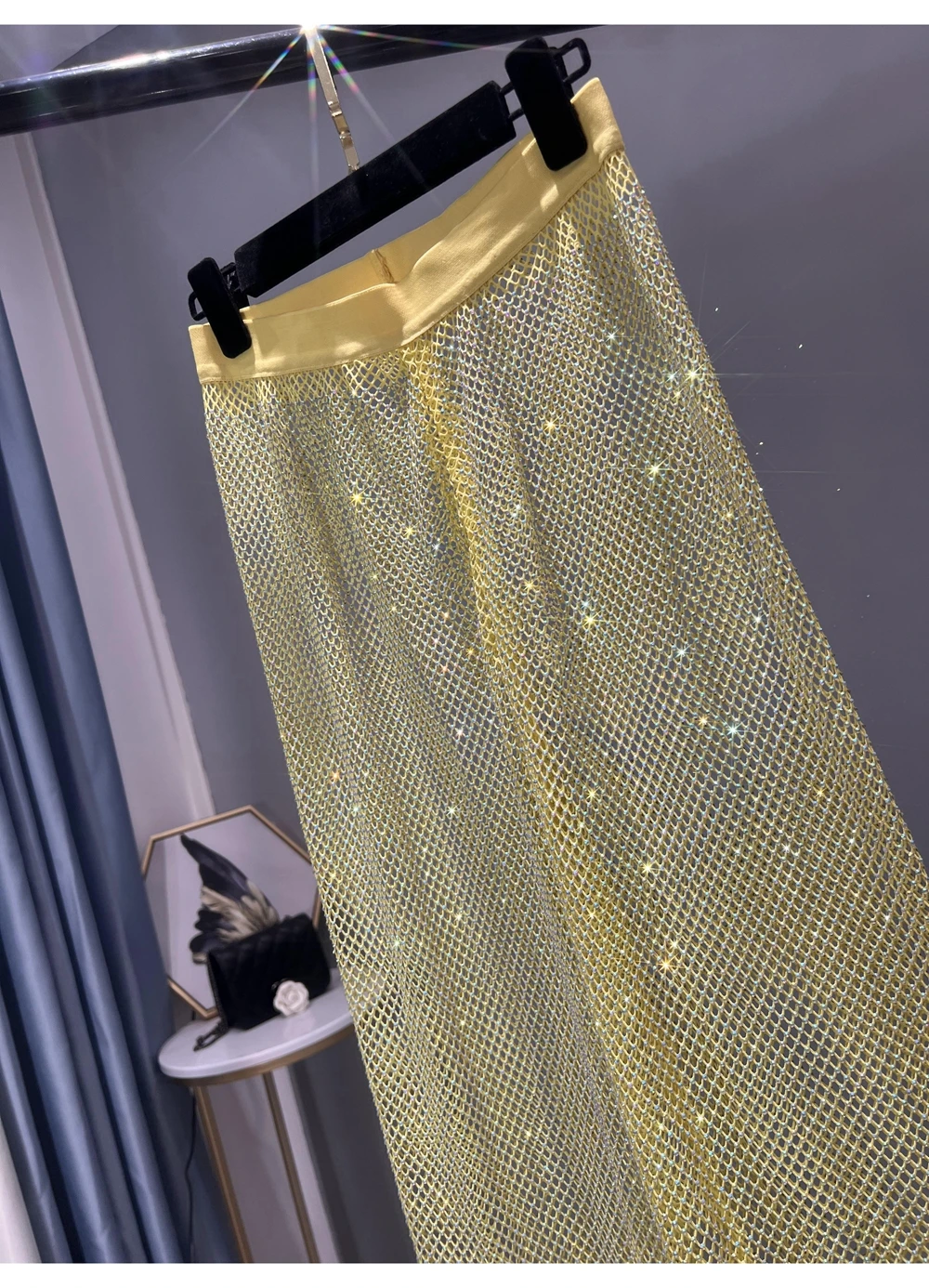 Sexy Colorful Diamonds Beaded Mesh Hollow Wide Legs Pants Fishing Net Rhinestones Trousers Sparkling Elastic Waist Pantalones