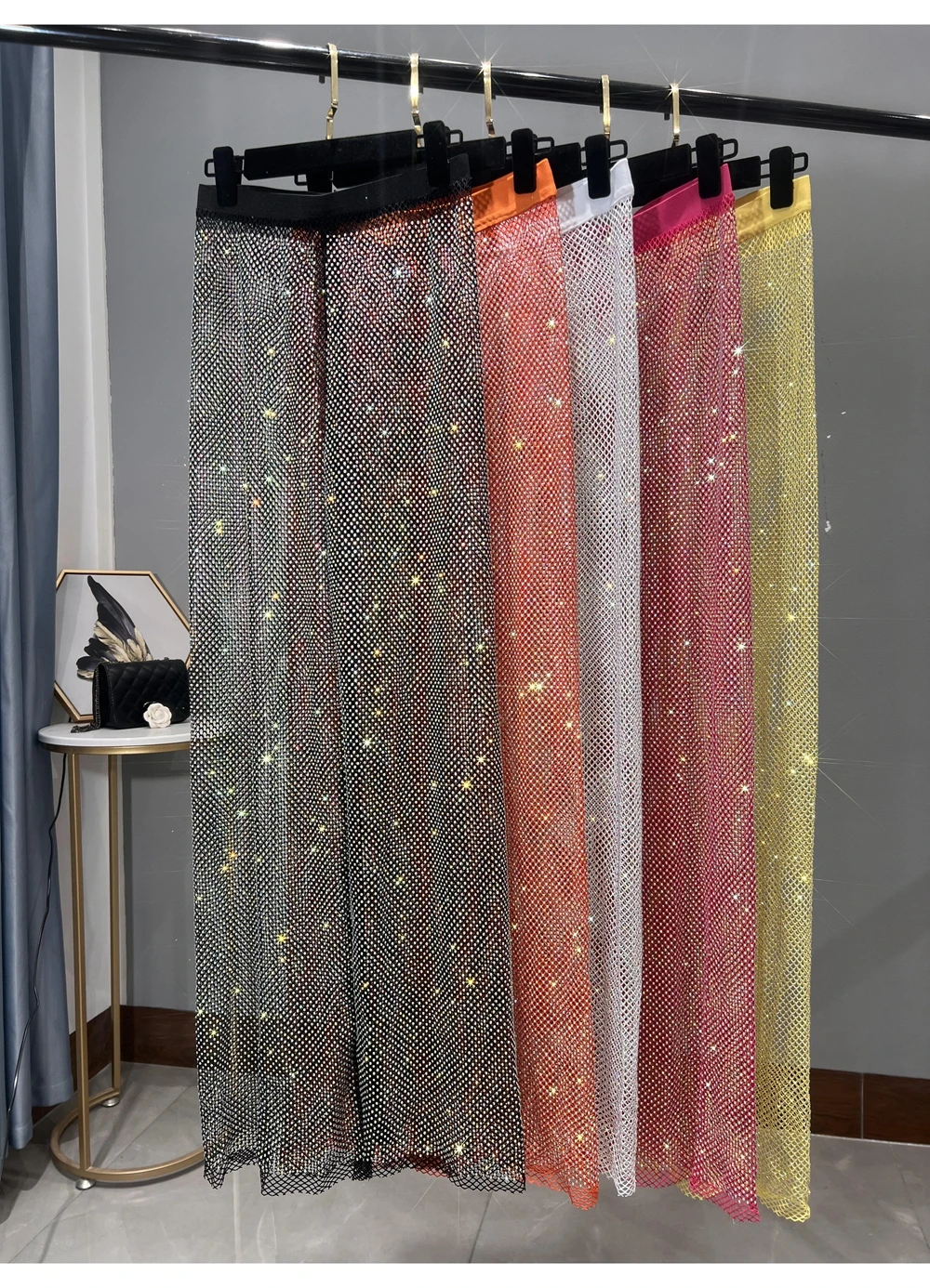 Sexy Colorful Diamonds Beaded Mesh Hollow Wide Legs Pants Fishing Net Rhinestones Trousers Sparkling Elastic Waist Pantalones