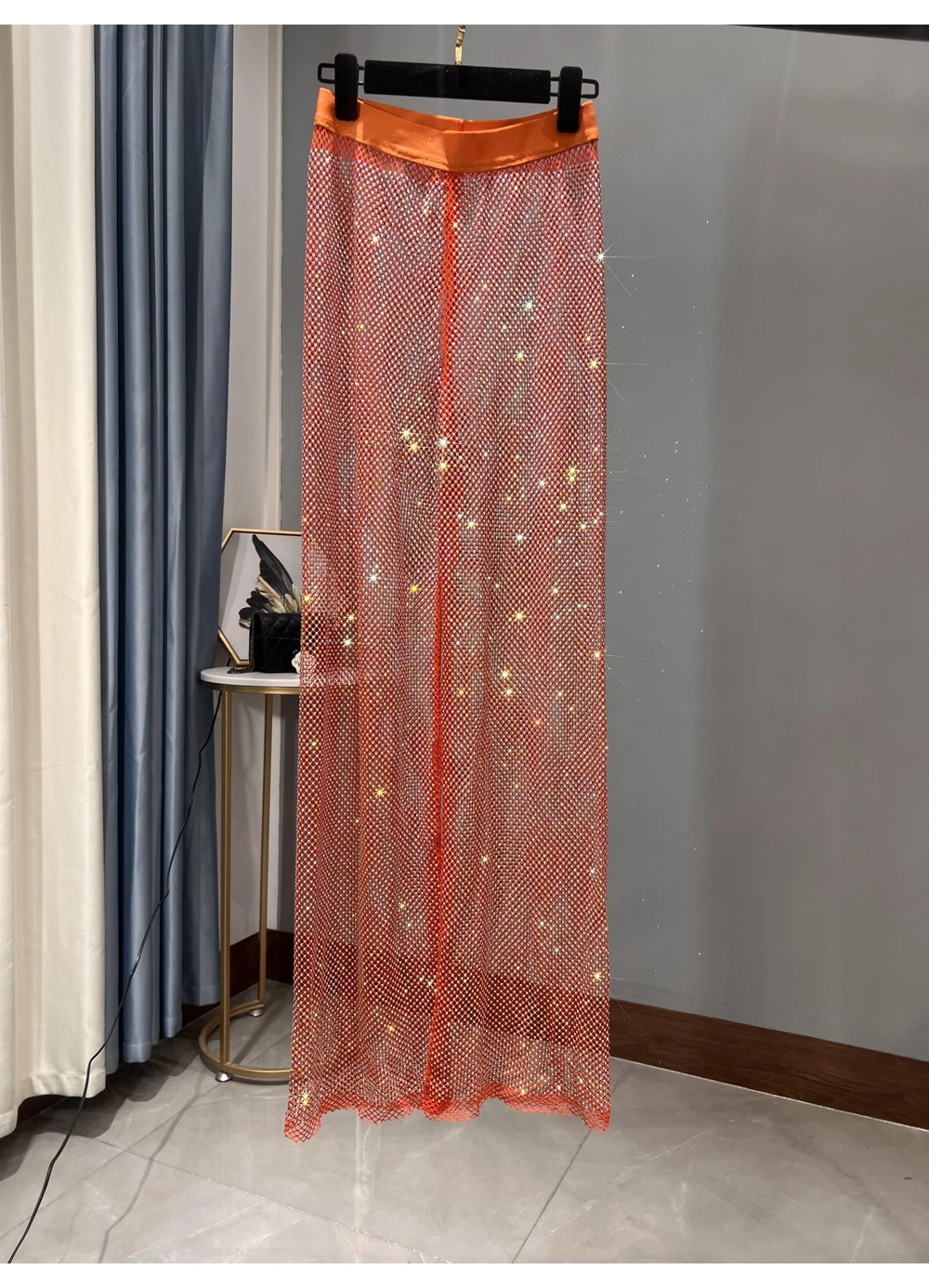 Sexy Colorful Diamonds Beaded Mesh Hollow Wide Legs Pants Fishing Net Rhinestones Trousers Sparkling Elastic Waist Pantalones