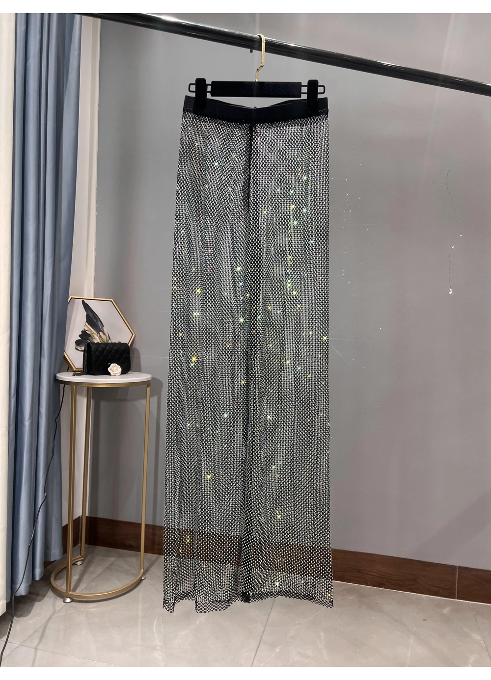 Sexy Colorful Diamonds Beaded Mesh Hollow Wide Legs Pants Fishing Net Rhinestones Trousers Sparkling Elastic Waist Pantalones
