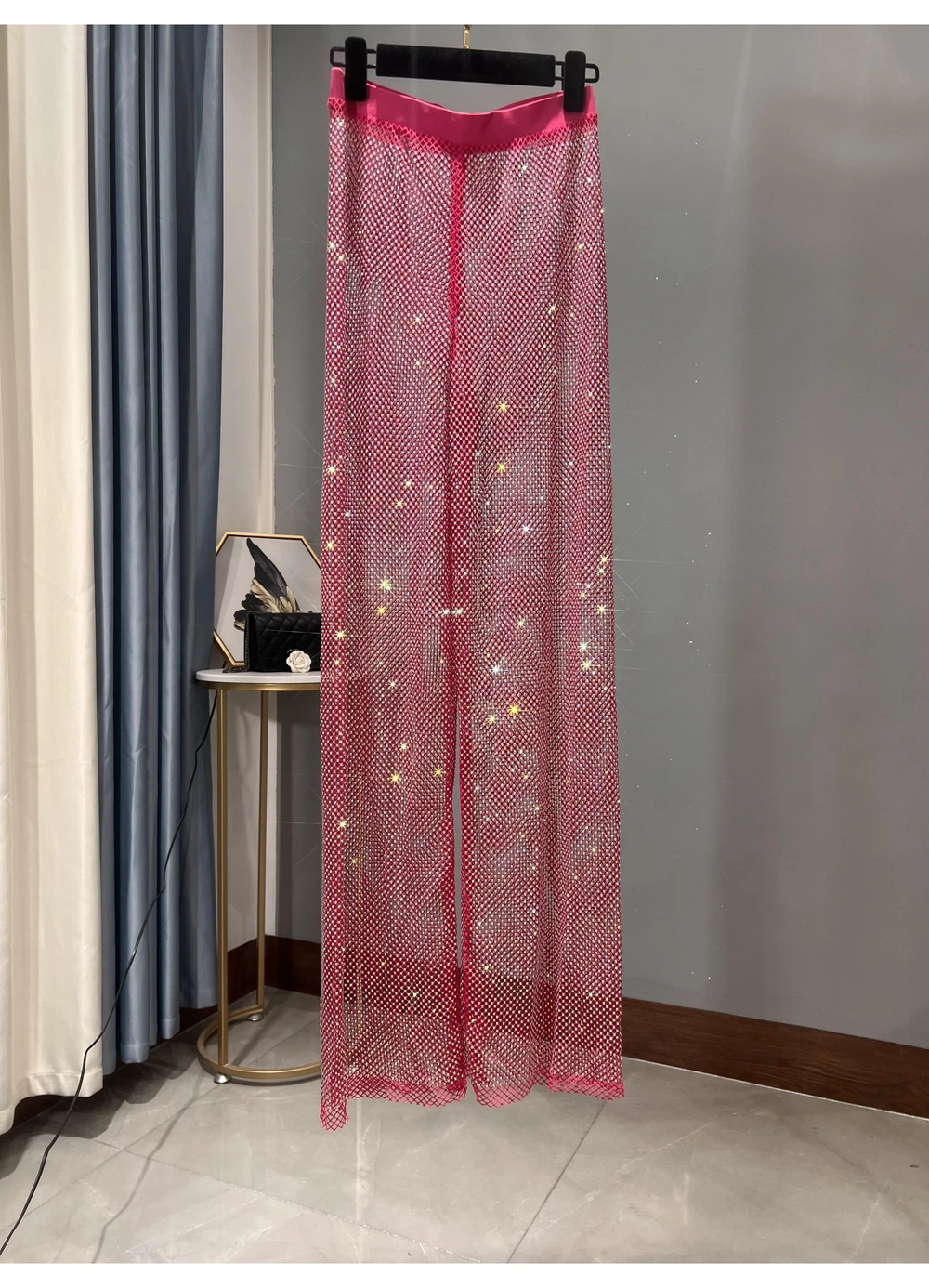 Sexy Colorful Diamonds Beaded Mesh Hollow Wide Legs Pants Fishing Net Rhinestones Trousers Sparkling Elastic Waist Pantalones