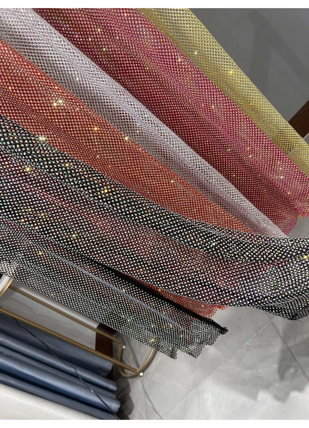 Sexy Colorful Diamonds Beaded Mesh Hollow Wide Legs Pants Fishing Net Rhinestones Trousers Sparkling Elastic Waist Pantalones
