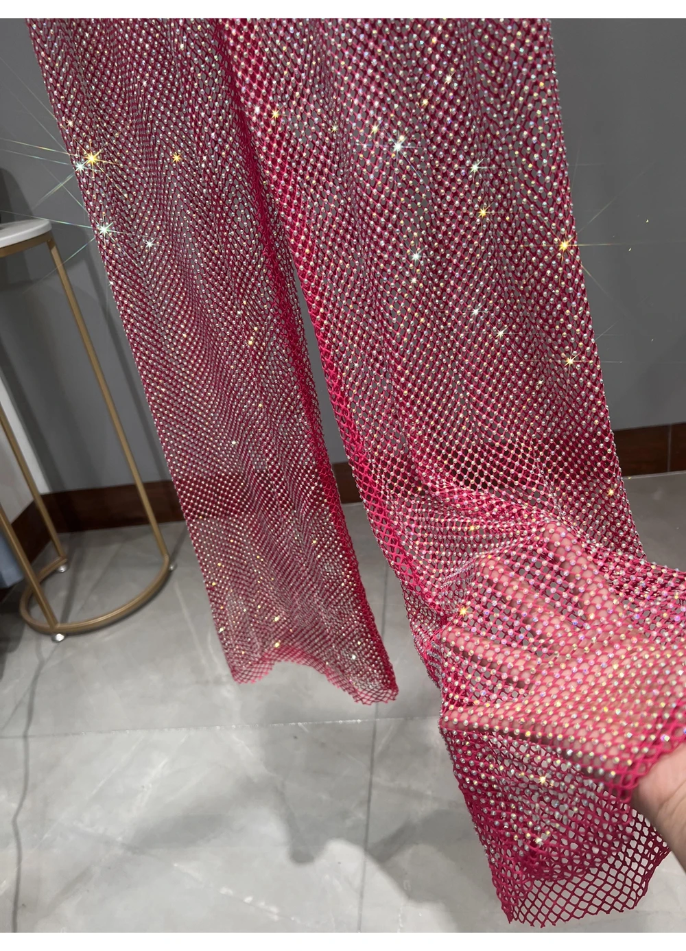 Sexy Colorful Diamonds Beaded Mesh Hollow Wide Legs Pants Fishing Net Rhinestones Trousers Sparkling Elastic Waist Pantalones