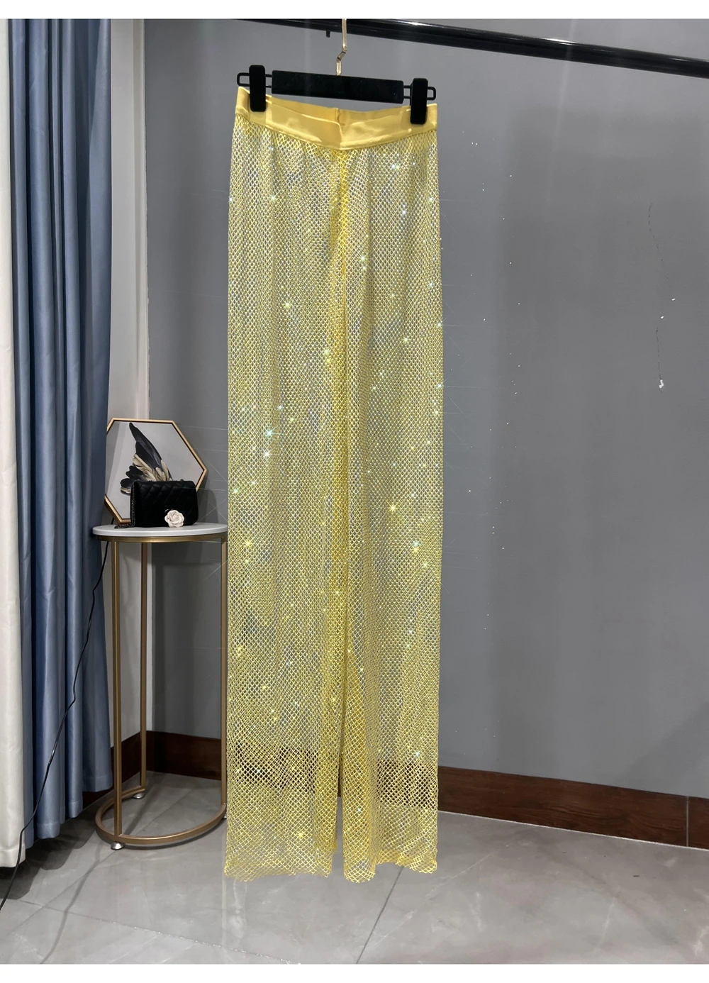 Sexy Colorful Diamonds Beaded Mesh Hollow Wide Legs Pants Fishing Net Rhinestones Trousers Sparkling Elastic Waist Pantalones
