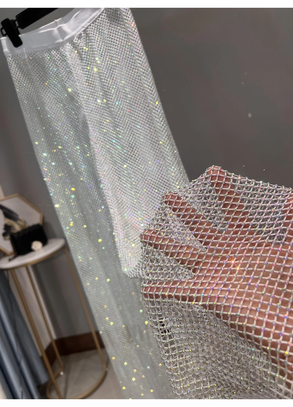 Sexy Colorful Diamonds Beaded Mesh Hollow Wide Legs Pants Fishing Net Rhinestones Trousers Sparkling Elastic Waist Pantalones