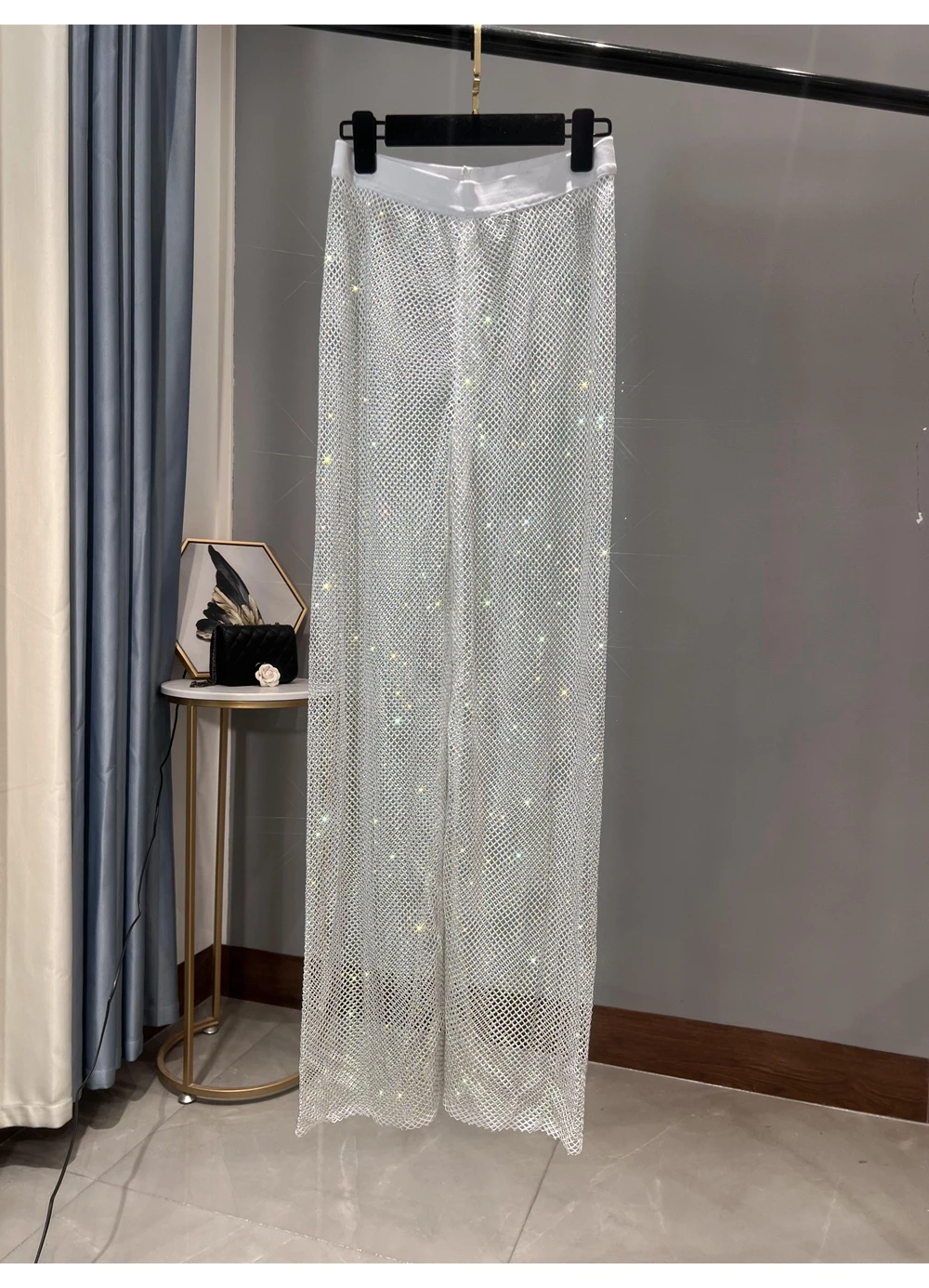 Sexy Colorful Diamonds Beaded Mesh Hollow Wide Legs Pants Fishing Net Rhinestones Trousers Sparkling Elastic Waist Pantalones