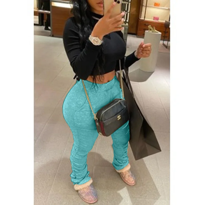 S-4XL Women Elastic Stacked Pants Leggings High Waist Flare Bell Bottom Ruched Stack Trousers Draped Jogger Pants Sweatpants