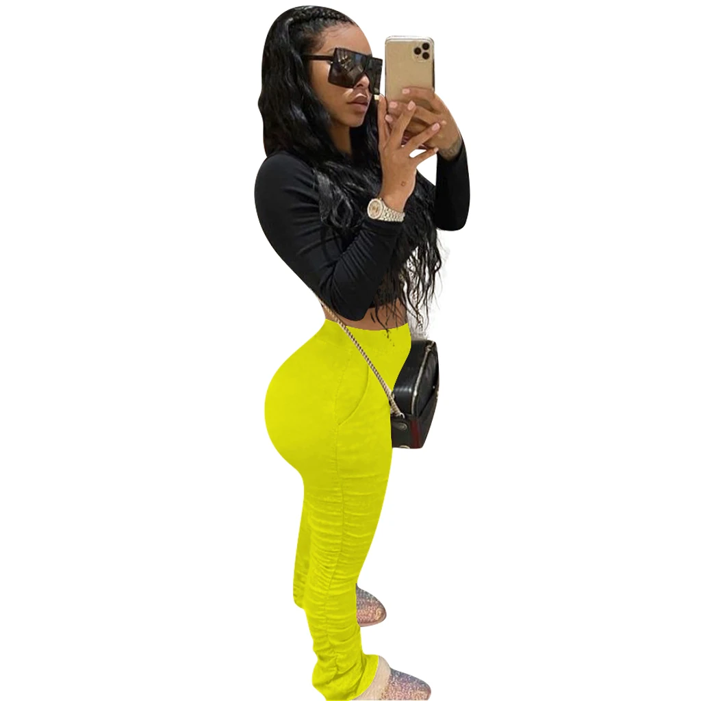 S-4XL Women Elastic Stacked Pants Leggings High Waist Flare Bell Bottom Ruched Stack Trousers Draped Jogger Pants Sweatpants