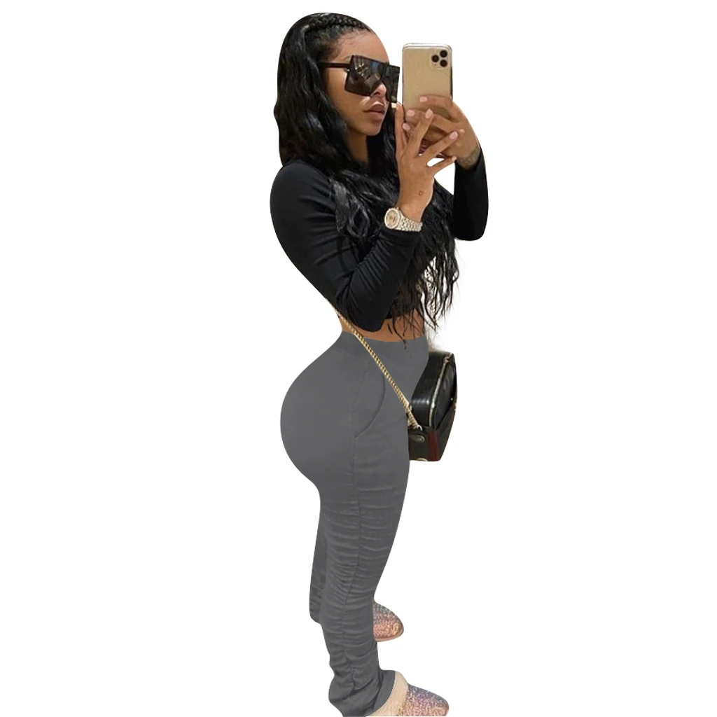 S-4XL Women Elastic Stacked Pants Leggings High Waist Flare Bell Bottom Ruched Stack Trousers Draped Jogger Pants Sweatpants