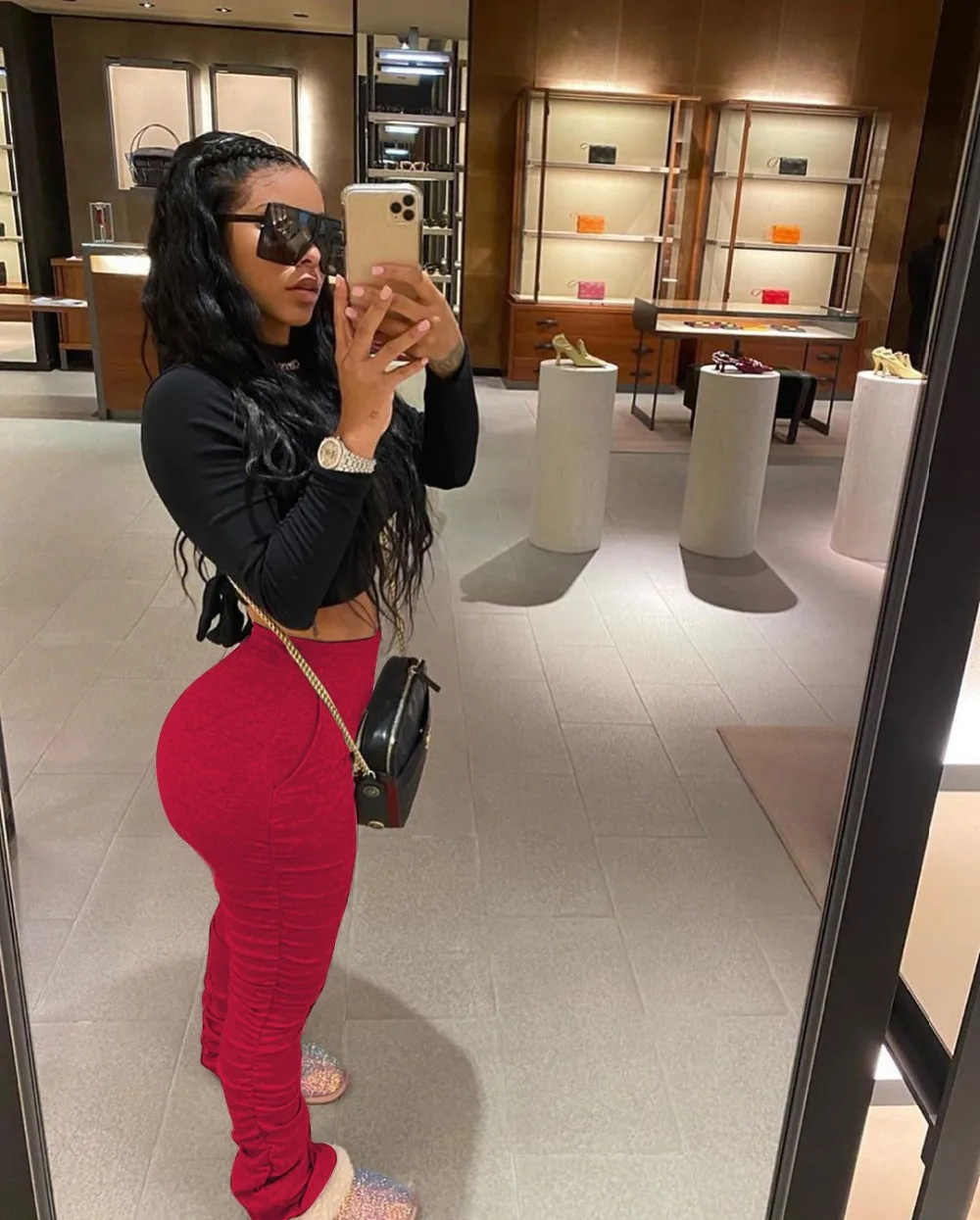 S-4XL Women Elastic Stacked Pants Leggings High Waist Flare Bell Bottom Ruched Stack Trousers Draped Jogger Pants Sweatpants