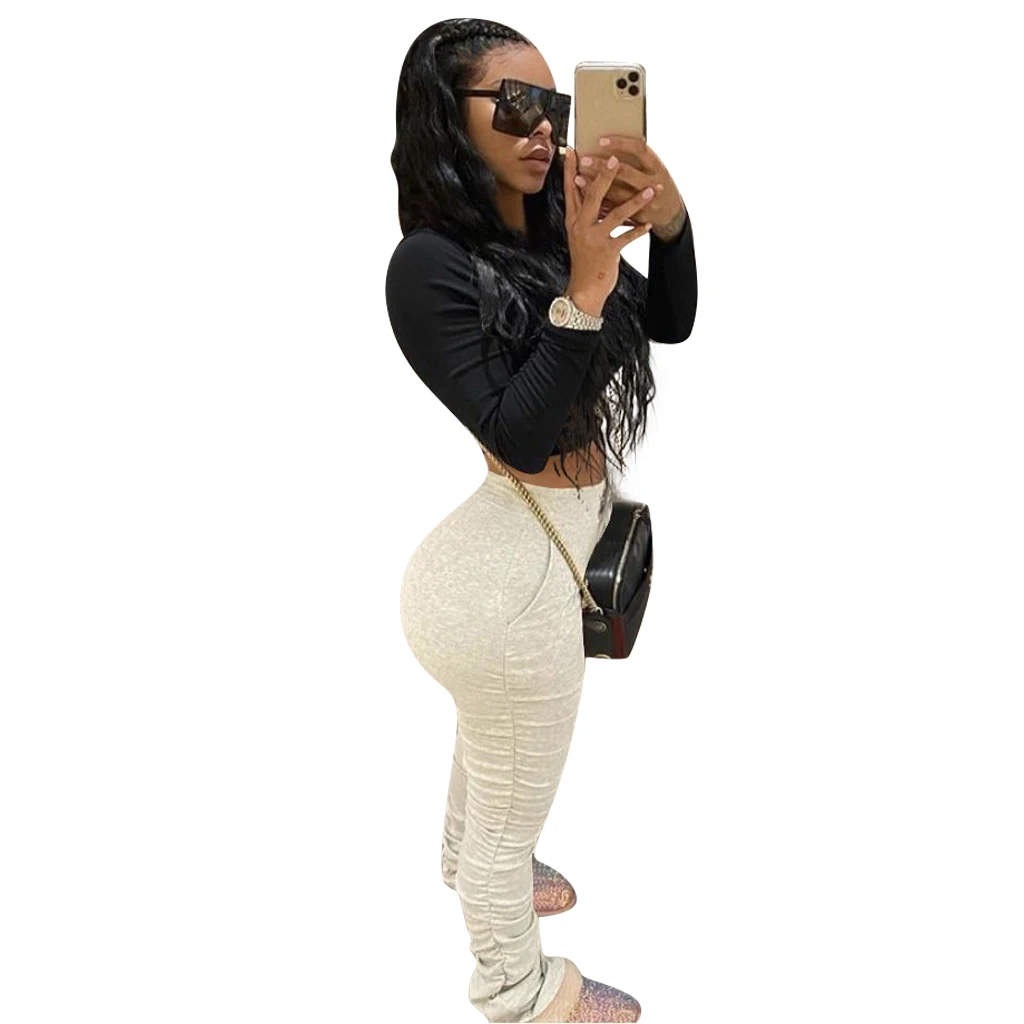 S-4XL Women Elastic Stacked Pants Leggings High Waist Flare Bell Bottom Ruched Stack Trousers Draped Jogger Pants Sweatpants