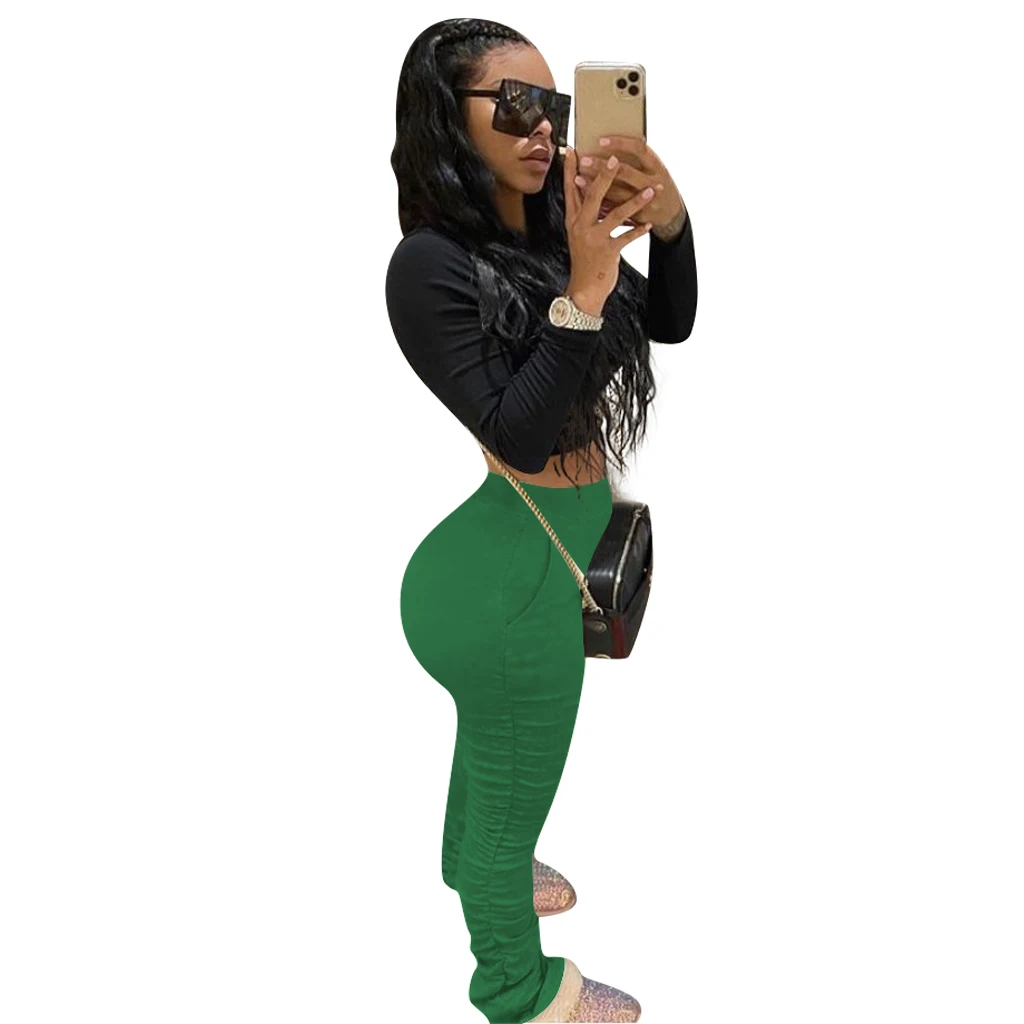 S-4XL Women Elastic Stacked Pants Leggings High Waist Flare Bell Bottom Ruched Stack Trousers Draped Jogger Pants Sweatpants
