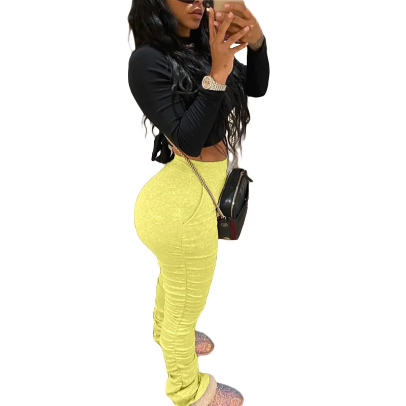 S-4XL Women Elastic Stacked Pants Leggings High Waist Flare Bell Bottom Ruched Stack Trousers Draped Jogger Pants Sweatpants