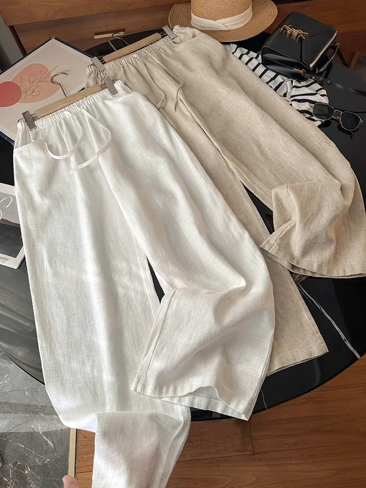 Washed Linen Wide Leg Pants Casual Cotton Linen Loose Feel Women's New Style Comfortable Loose Fit Trousers Fashionable