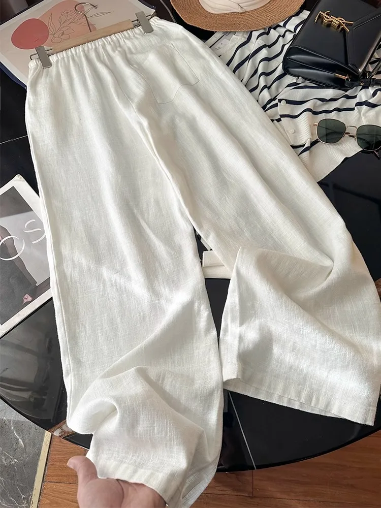 Washed Linen Wide Leg Pants Casual Cotton Linen Loose Feel Women's New Style Comfortable Loose Fit Trousers Fashionable