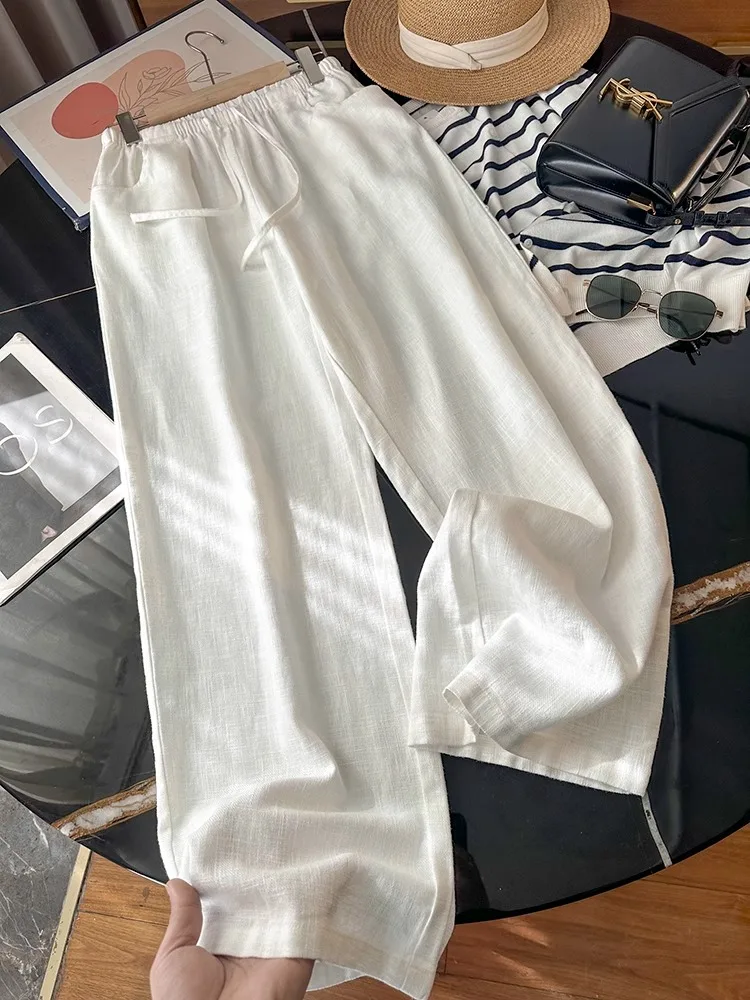 Washed Linen Wide Leg Pants Casual Cotton Linen Loose Feel Women's New Style Comfortable Loose Fit Trousers Fashionable