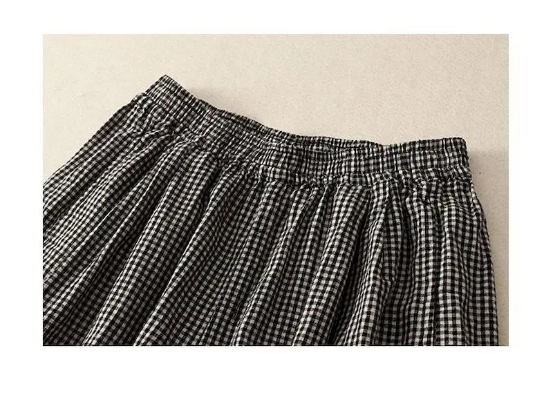 Cotton Linen Pants for Women Plaid Loose Casual Vintage Summer Thin New Korean Style Literary Elastic Waisted Harem Pants Women