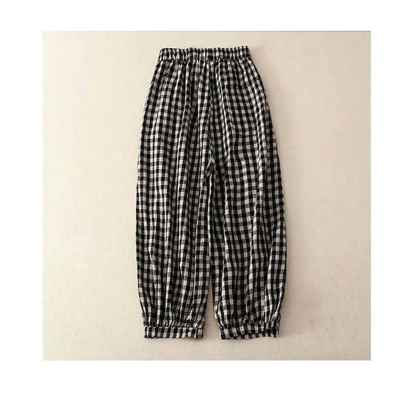 Cotton Linen Pants for Women Plaid Loose Casual Vintage Summer Thin New Korean Style Literary Elastic Waisted Harem Pants Women
