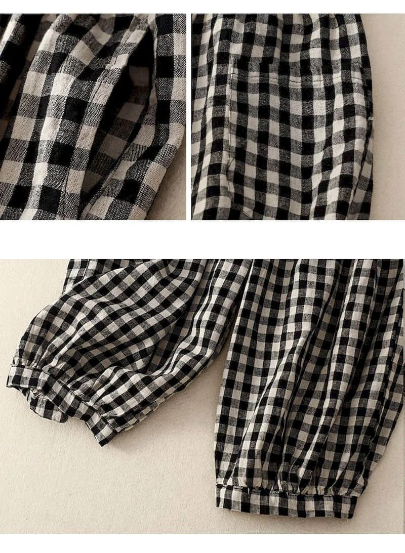 Cotton Linen Pants for Women Plaid Loose Casual Vintage Summer Thin New Korean Style Literary Elastic Waisted Harem Pants Women