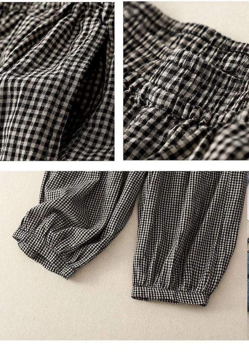 Cotton Linen Pants for Women Plaid Loose Casual Vintage Summer Thin New Korean Style Literary Elastic Waisted Harem Pants Women