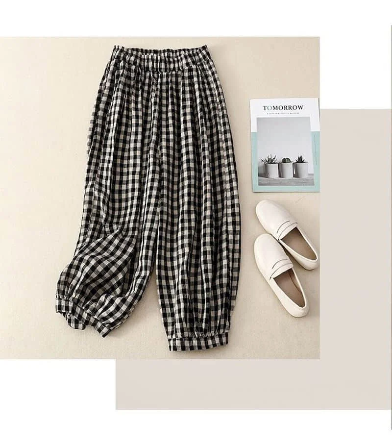 Cotton Linen Pants for Women Plaid Loose Casual Vintage Summer Thin New Korean Style Literary Elastic Waisted Harem Pants Women
