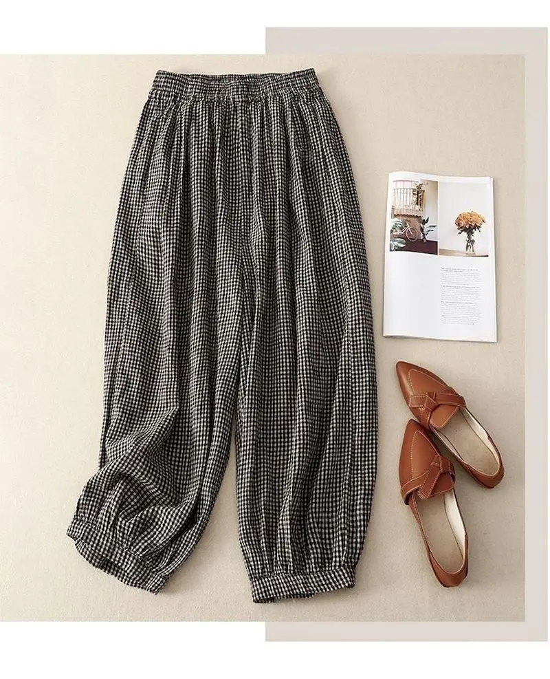 Cotton Linen Pants for Women Plaid Loose Casual Vintage Summer Thin New Korean Style Literary Elastic Waisted Harem Pants Women