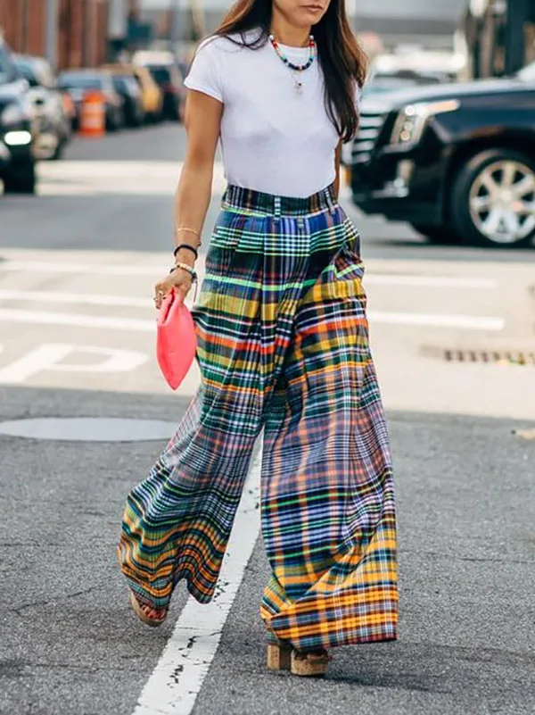 UOOZEE 2025 New Women Vintage Plaid High Waist Wide Leg Pants Spring Summer Loose Casual Going Out Trendy Trousers Bottoms