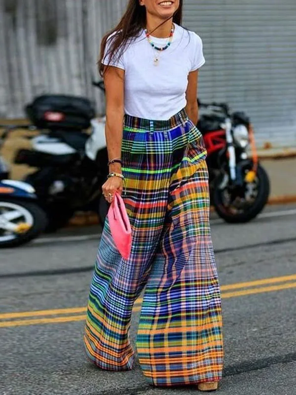 UOOZEE 2025 New Women Vintage Plaid High Waist Wide Leg Pants Spring Summer Loose Casual Going Out Trendy Trousers Bottoms