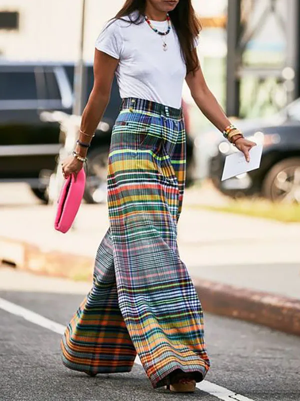 UOOZEE 2025 New Women Vintage Plaid High Waist Wide Leg Pants Spring Summer Loose Casual Going Out Trendy Trousers Bottoms