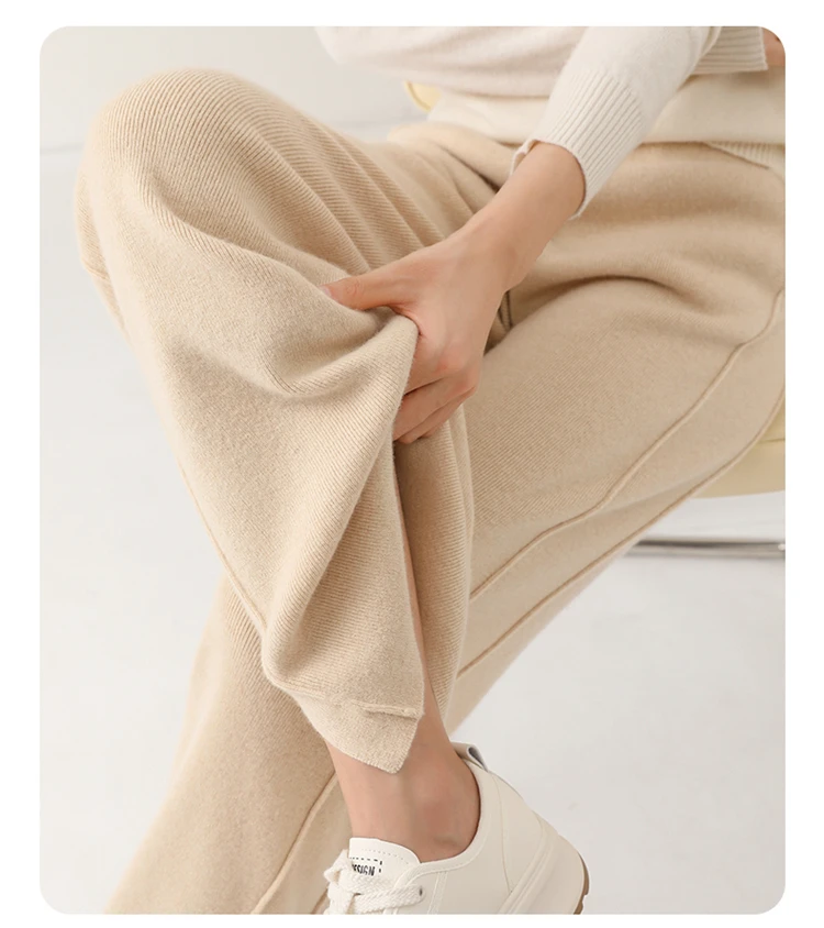 2024 Women's High-Waisted Wool Pants Loose Fit Cashmere Knitted Wide-Leg Floor-Length Fashionable Hot Selling