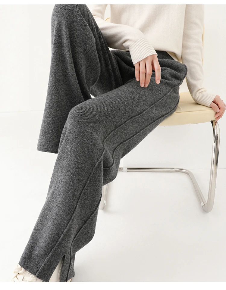 2024 Women's High-Waisted Wool Pants Loose Fit Cashmere Knitted Wide-Leg Floor-Length Fashionable Hot Selling