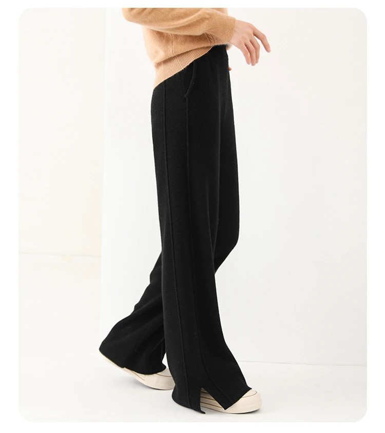 2024 Women's High-Waisted Wool Pants Loose Fit Cashmere Knitted Wide-Leg Floor-Length Fashionable Hot Selling