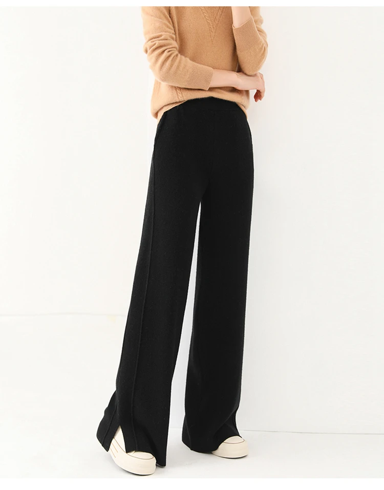 2024 Women's High-Waisted Wool Pants Loose Fit Cashmere Knitted Wide-Leg Floor-Length Fashionable Hot Selling