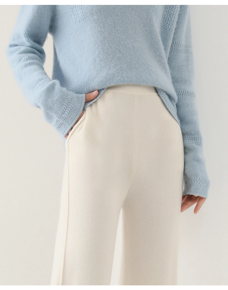 2024 Women's High-Waisted Wool Pants Loose Fit Cashmere Knitted Wide-Leg Floor-Length Fashionable Hot Selling