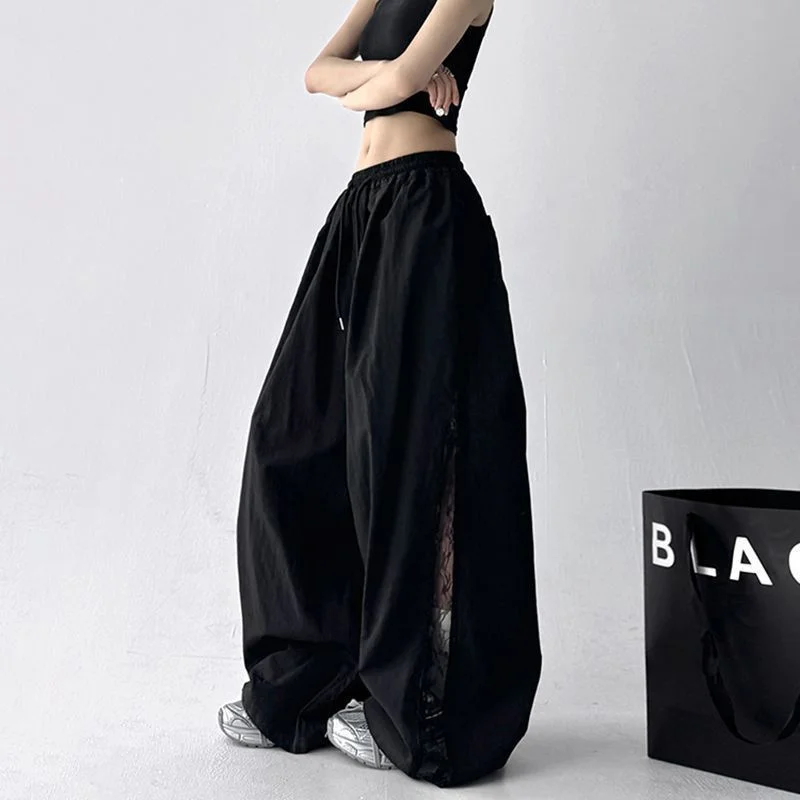 2025 Spring Summer New Wide-Leg Pants Women's Fashion High Waist Lace Black White Sport Pants Loose Trousers Casual Pants Female