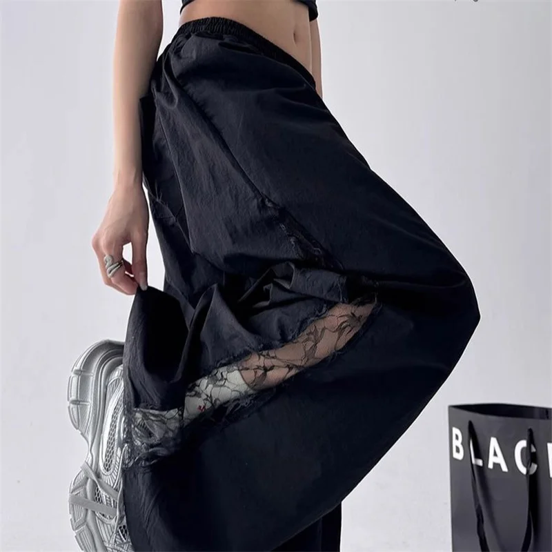 2025 Spring Summer New Wide-Leg Pants Women's Fashion High Waist Lace Black White Sport Pants Loose Trousers Casual Pants Female