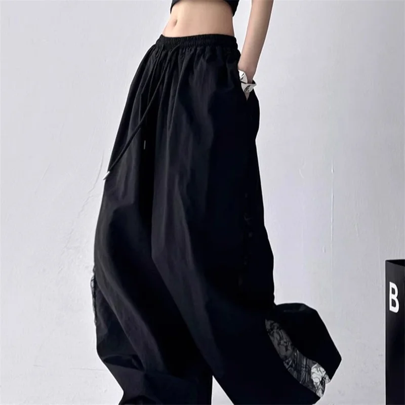 2025 Spring Summer New Wide-Leg Pants Women's Fashion High Waist Lace Black White Sport Pants Loose Trousers Casual Pants Female
