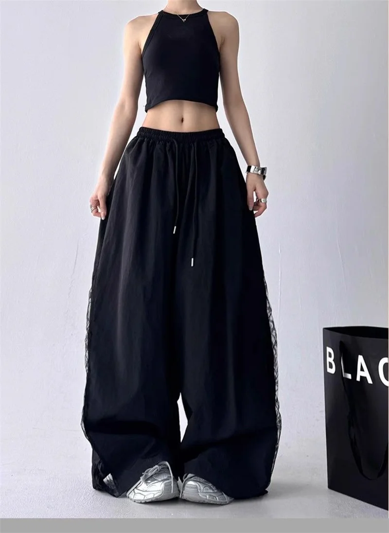 2025 Spring Summer New Wide-Leg Pants Women's Fashion High Waist Lace Black White Sport Pants Loose Trousers Casual Pants Female