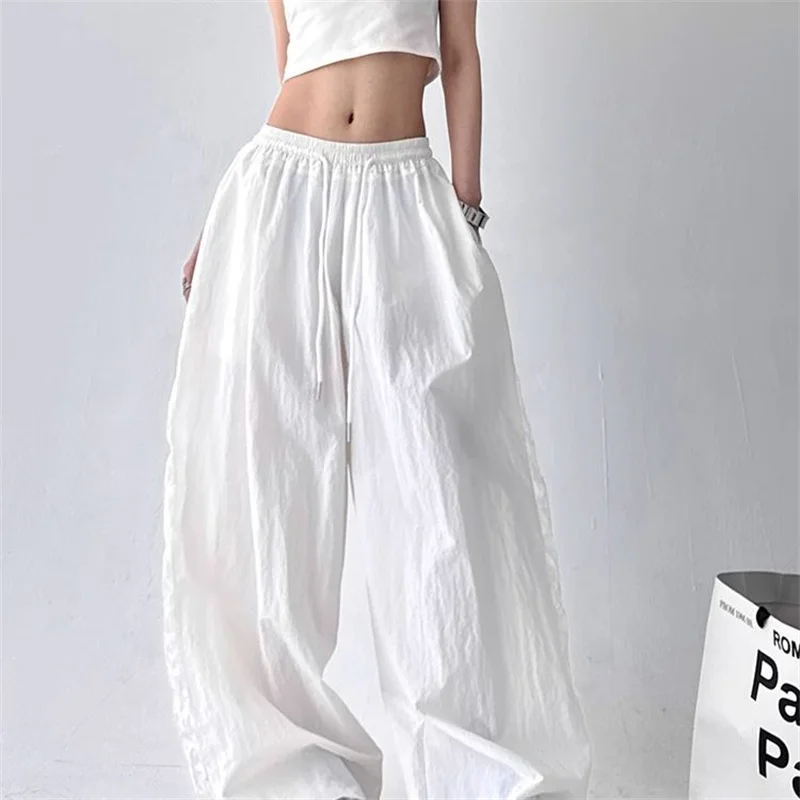 2025 Spring Summer New Wide-Leg Pants Women's Fashion High Waist Lace Black White Sport Pants Loose Trousers Casual Pants Female