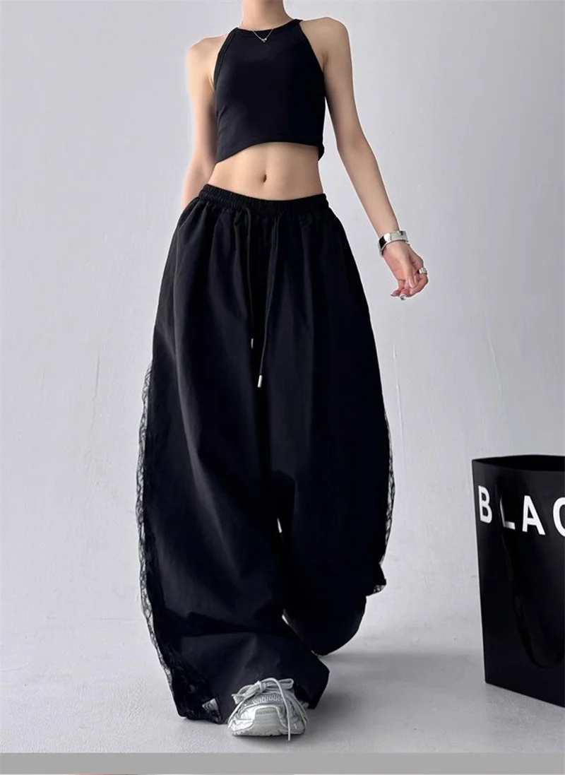 2025 Spring Summer New Wide-Leg Pants Women's Fashion High Waist Lace Black White Sport Pants Loose Trousers Casual Pants Female