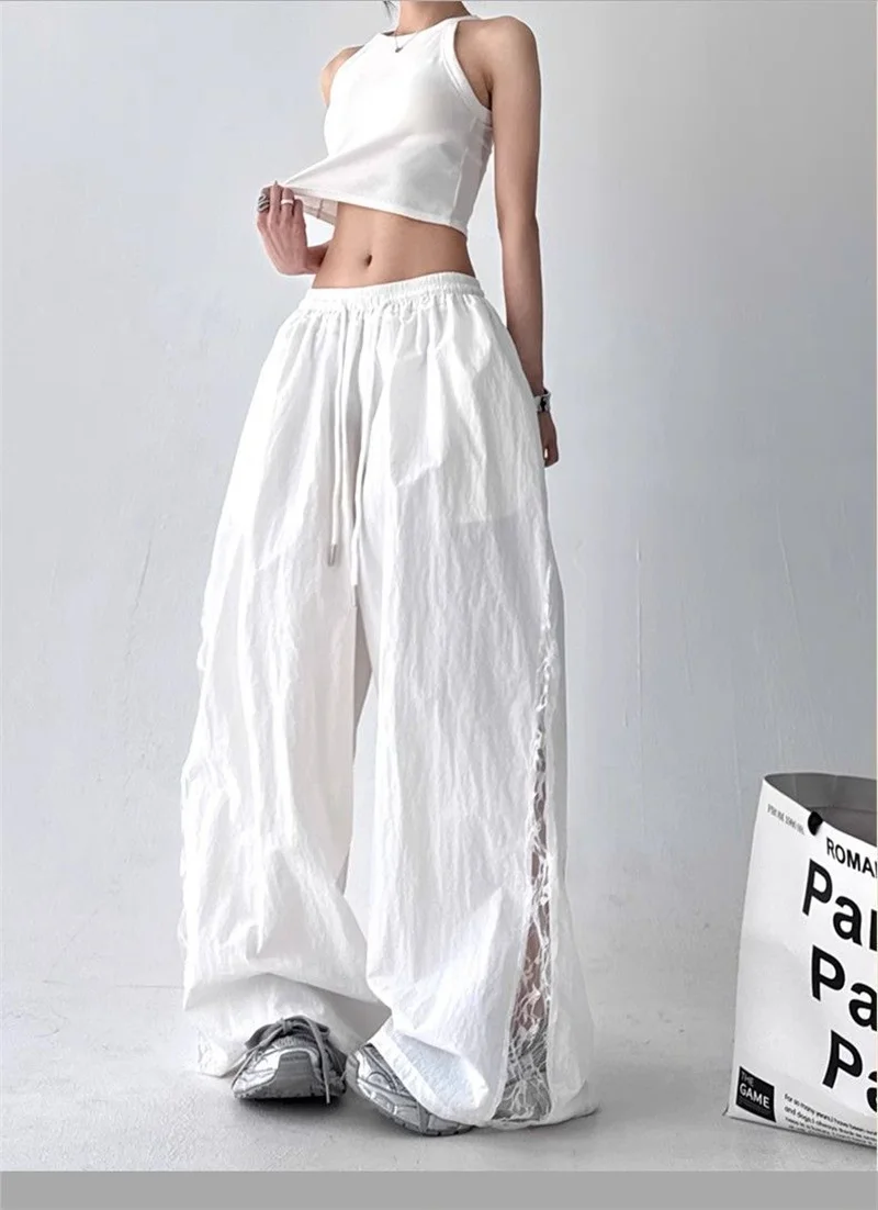 2025 Spring Summer New Wide-Leg Pants Women's Fashion High Waist Lace Black White Sport Pants Loose Trousers Casual Pants Female
