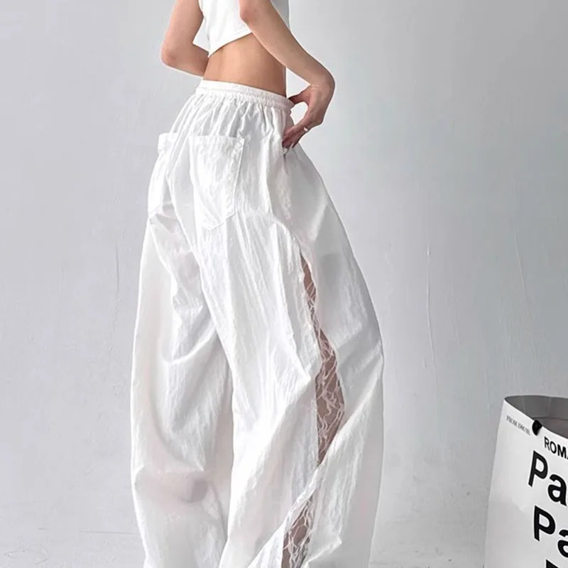 2025 Spring Summer New Wide-Leg Pants Women's Fashion High Waist Lace Black White Sport Pants Loose Trousers Casual Pants Female
