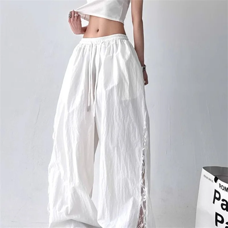 2025 Spring Summer New Wide-Leg Pants Women's Fashion High Waist Lace Black White Sport Pants Loose Trousers Casual Pants Female