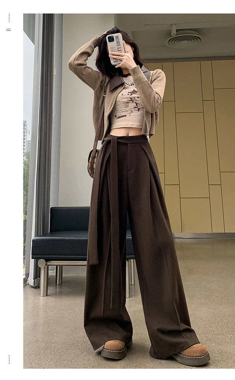 MEXZT Woolen Wide Leg Pants Women Fashion Lace Up Black Baggy Suit Pants Winter Streetwear Korean Casual Straight Trousers New
