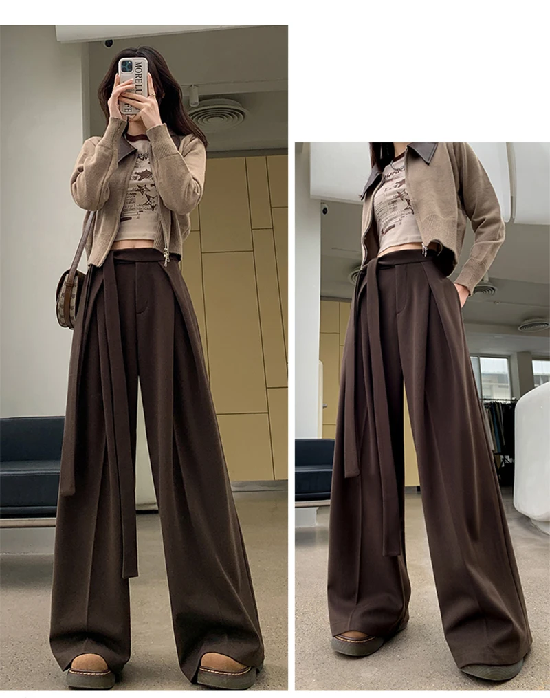 MEXZT Woolen Wide Leg Pants Women Fashion Lace Up Black Baggy Suit Pants Winter Streetwear Korean Casual Straight Trousers New