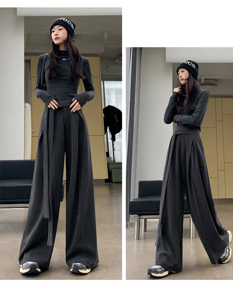 MEXZT Woolen Wide Leg Pants Women Fashion Lace Up Black Baggy Suit Pants Winter Streetwear Korean Casual Straight Trousers New