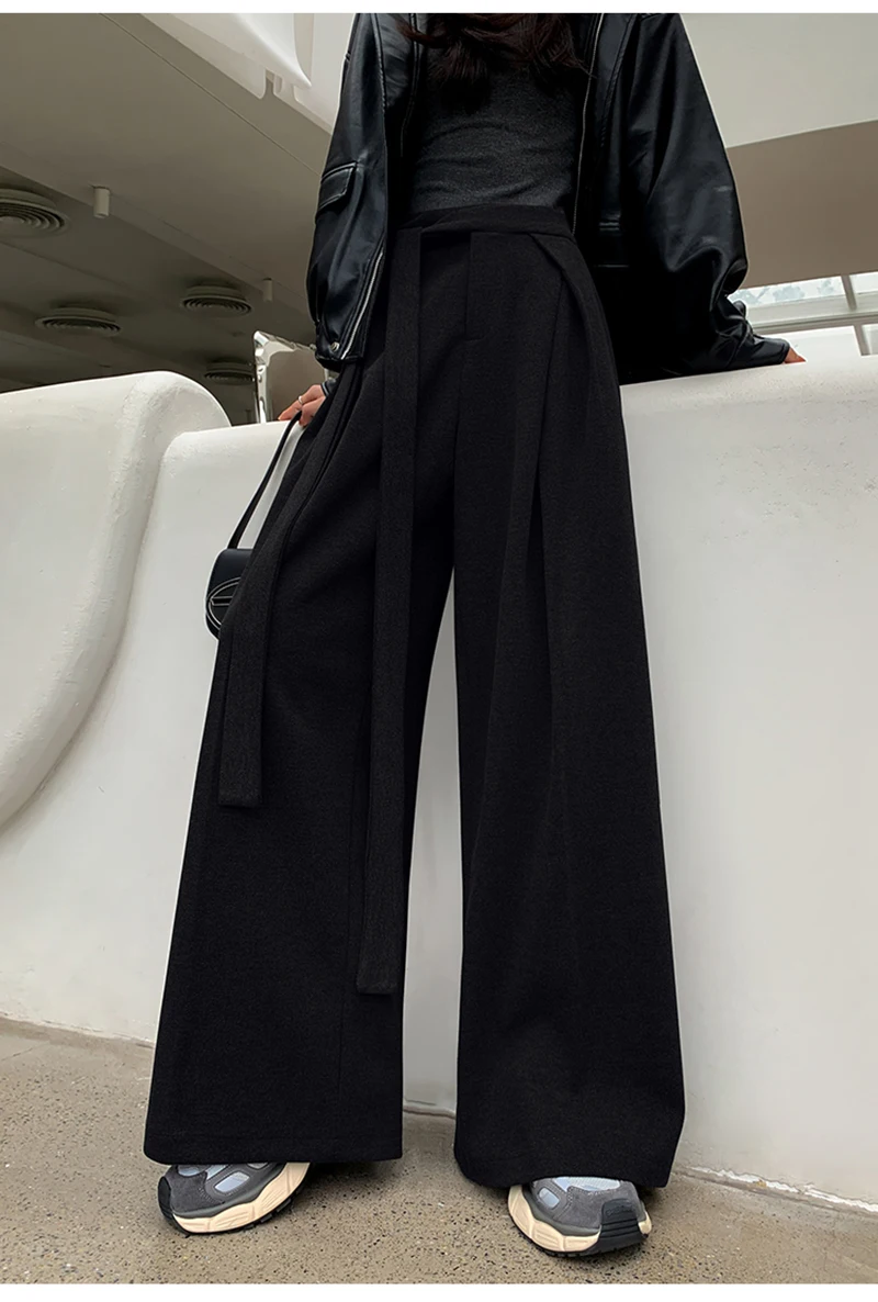 MEXZT Woolen Wide Leg Pants Women Fashion Lace Up Black Baggy Suit Pants Winter Streetwear Korean Casual Straight Trousers New